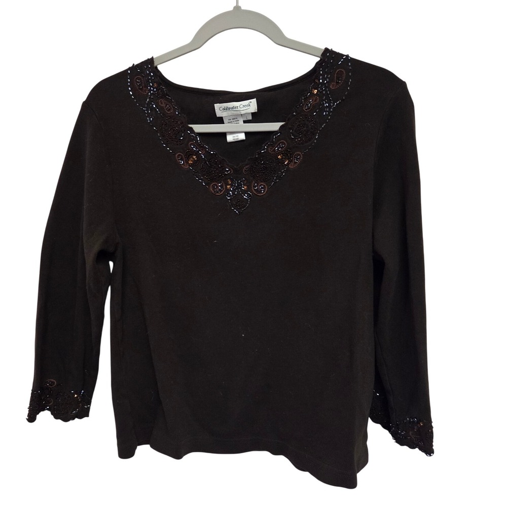 Coldwater Creek Beaded V‎ Neck 3/4 Sleeve Brown Top Womens Large